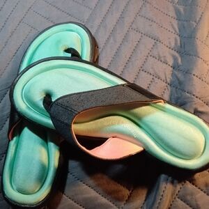 OP Mint Green Flip Flop Sandals with Black Straps and Coral Accent